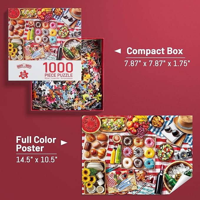 BenBen Puzzles for Adults 1000 Pieces, Spring Picnic Jigsaw Puzzles with Patterns on Back, Challenging Puzzles for Family Game Night Home Décor