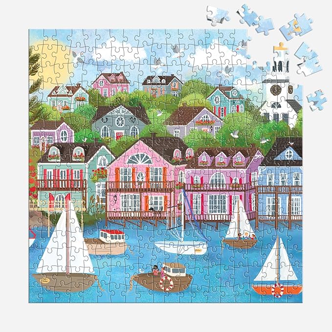 Galison Harbor by The Sea – 300 Piece Joy Laforme Oversized Jigsaw Puzzle Featuring Beautiful Artwork of New England Summer Paradise