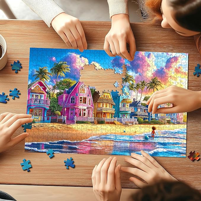 Colorful Beach Houses 500 Piece Jigsaw Puzzles for Adults Tropical Coastal Scene with Palm Trees Sunset Ocean Waves Puzzle with Letters on Back for Adults Teens Seniors Family Puzzle(23"x15")