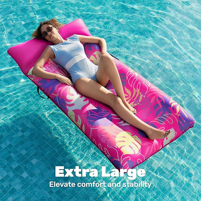 SLOOSH Inflatable Pool Floats Lounger - XL Fabric Covered Pool Mat Floaties for Adults, Ultra Comfort Water Floating Lounger with Headrest for Beach Lake Swimming Pool Float Raft 68"X34"