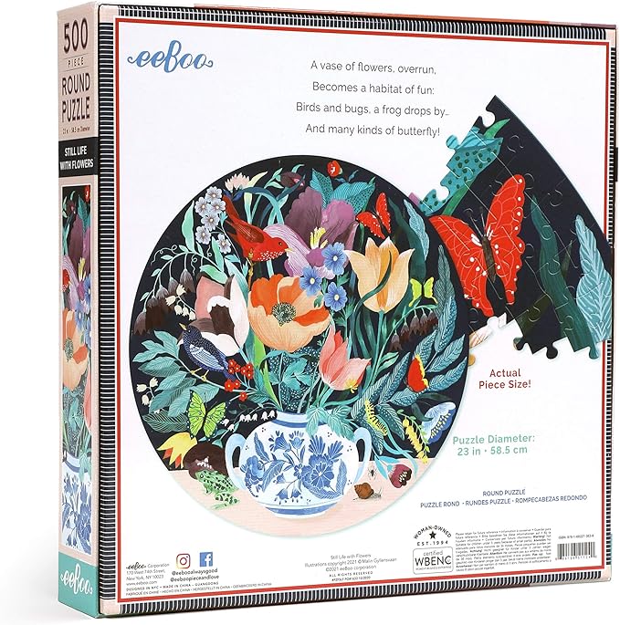 eeBoo 500 Piece Puzzle - Still Life with Flowers Jigsaw Puzzle for Adults, Circular with 23" Diameter Made with Recycled Board & Vegetable-Based Ink