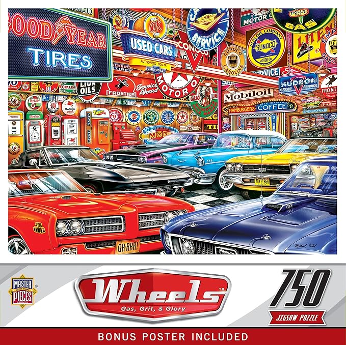 MasterPieces 750 Piece Jigsaw Puzzle, Gas Grit & Glory, 18"x24", Bold Graphics, Educational Puzzle, Automotive Theme, for Adults & Families