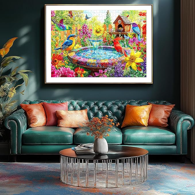 Garden Birds 500 Piece Puzzles for Adults: Vibrant Spring Flower Birdbath Jigsaw Puzzles 500 Pieces, 23x15 Inch 500 Piece Puzzle Adult, Puzzles for Seniors & Adults Entertainment