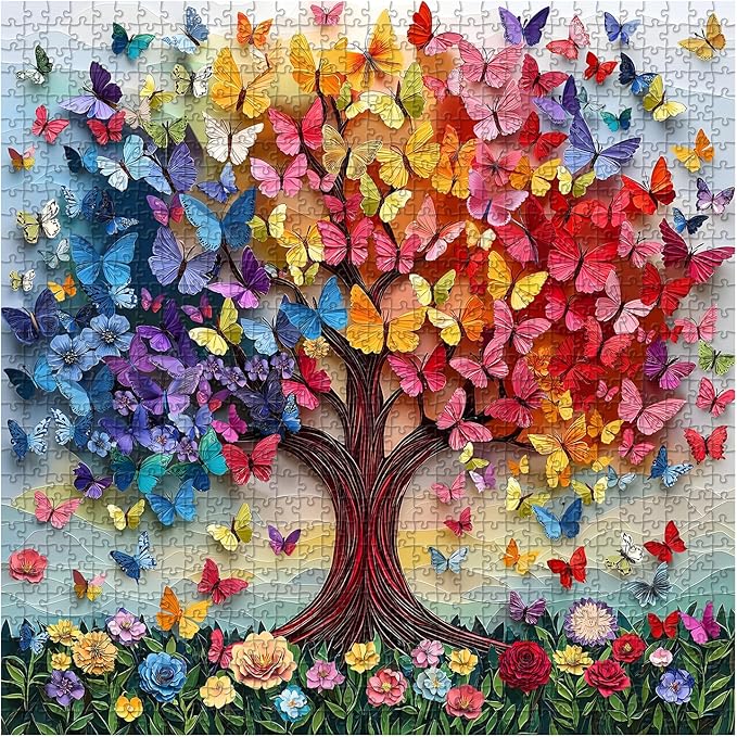 PICKFORU Colorful Butterfly Puzzles for Adults 1000 Pieces, Tree of Life Jigsaw Puzzle Rainbow Floral, Unique Spring Flower Art Theme as Home Decor