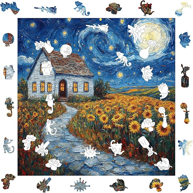 Pikoqunc Sunflower Village Wooden Puzzles for Adults,500 Pieces 15.9x15.9 in,Charming Countryside Jigsaw Puzzle with Unique Laser-Cut Pieces and Exquisite Box, for Family Fun and Festival