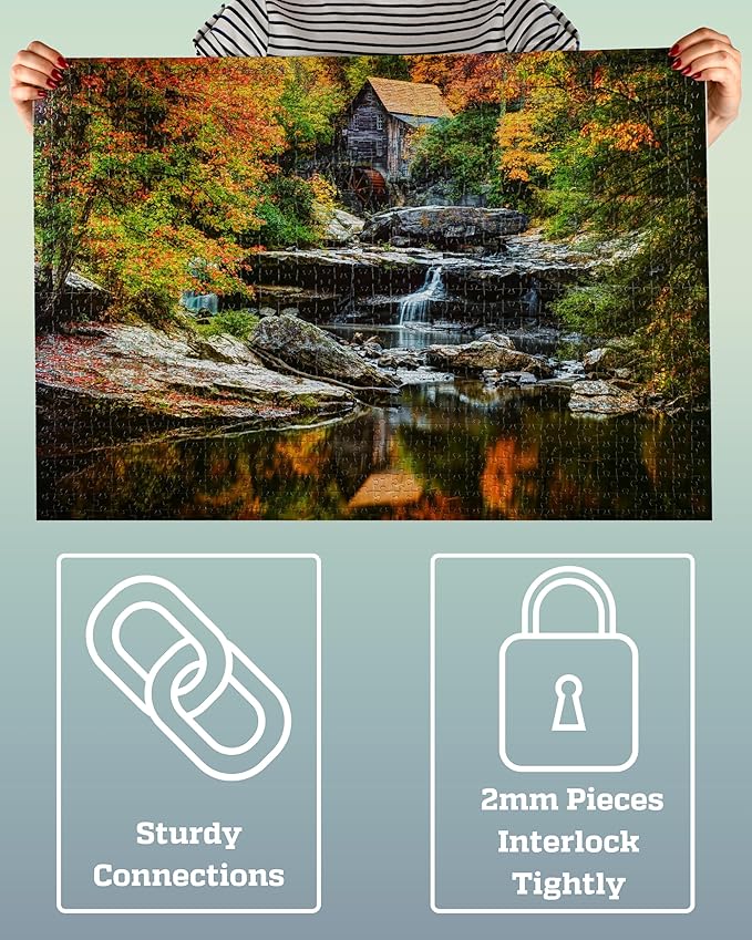 1000 Piece Puzzle for Adults - Scenic Autumn Grist Mill with Waterfalls, Gift-Ready Box, Letters on Back, 8 Jigsaw Puzzle, Saver Sheets & Full-Size Poster by GERJATO - Ideal Gift for Loved Ones