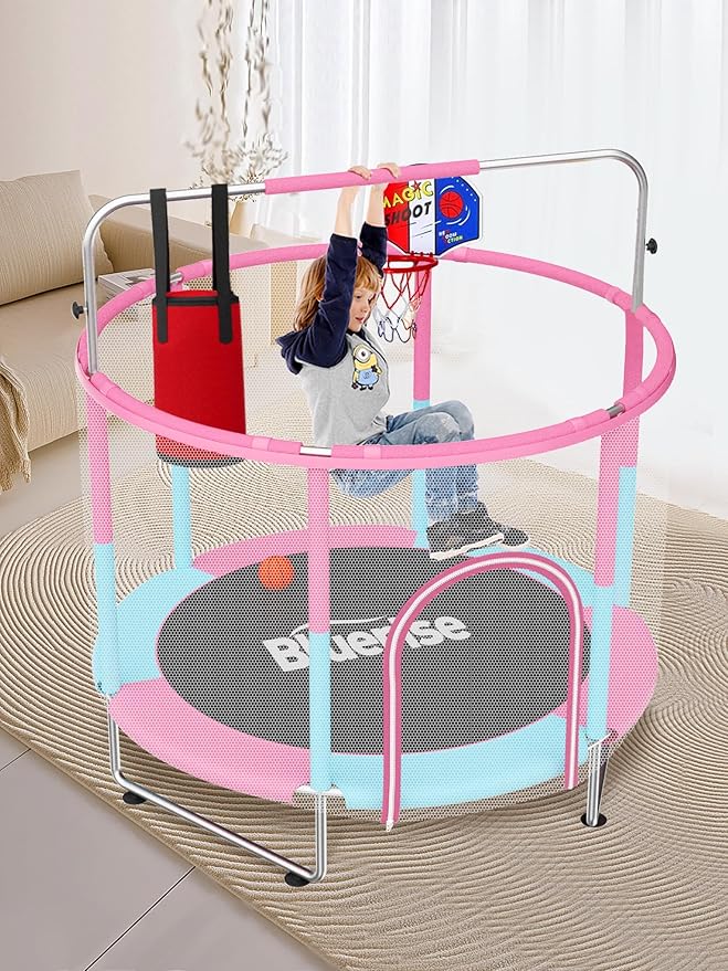 BLUERISE 55IN 6FT Toddler Trampoline for Kids Indoor Outdoor Play for Kids Trampoline Basketball Hoop Attachment with Enclosure Net Easy to Assemble