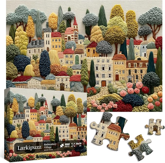Embroidery Village Jigsaw Puzzle 1000 Pieces, Patchwork Country House Puzzles for Adults Trees, Larkipuzz Impossible Quilting Plants Puzzles for Wall Decor