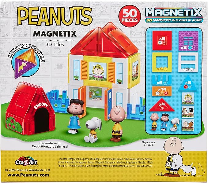 Magnetix 3D Peanuts Charlie Brown and Friends Magnetic Building Tile Playset, Educational, STEM Toys for Ages 3+, 50 Pieces