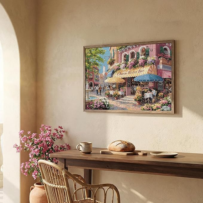 Puzzles for Adults 1000 Pieces, Spring Italy Bistro Flower Street Landscape,1000 Piece Puzzle for Adults Seniors, European Hard Jigsaw Puzzles with Letters on Back, 1:1 Poster