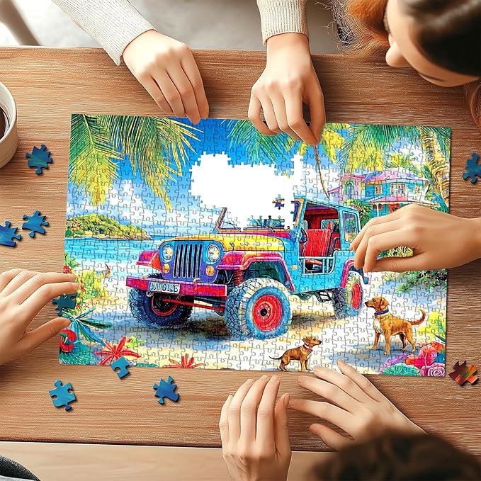 500 Piece Puzzle for Adults, Jigsaw Puzzles with Tropical Beach Jeep Scene, Funny Puzzle, Perfectly Fitting Pieces, Home Decor Birthday Party Gift for Adults Seniors 23x15 Inches