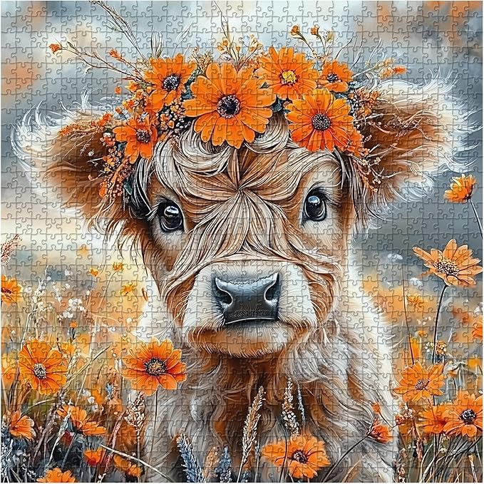 PICKFORUF Floral Calf 1000 Piece Puzzle for Adults,Orange Flower Cute Cow Jigsaw Puzzles 1000 Pieces,Nature Wildflower Grassland Animal Puzzle