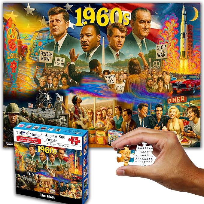 Think2Master 1960s 500 Pieces Very Large Pieces Jigsaw Puzzle: 13+, Teens, Adults & Seniors. Travel Back in Time with The Nostalgic Collage. Great Gift. Size: 26.8” X 18.9”