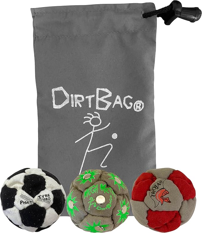 DIRTBAG Lover Footbag 3-Pack with Pouch, Includes Three Original and Unique Premium Quality Hand Sewn Footbags and Carry Pouch.