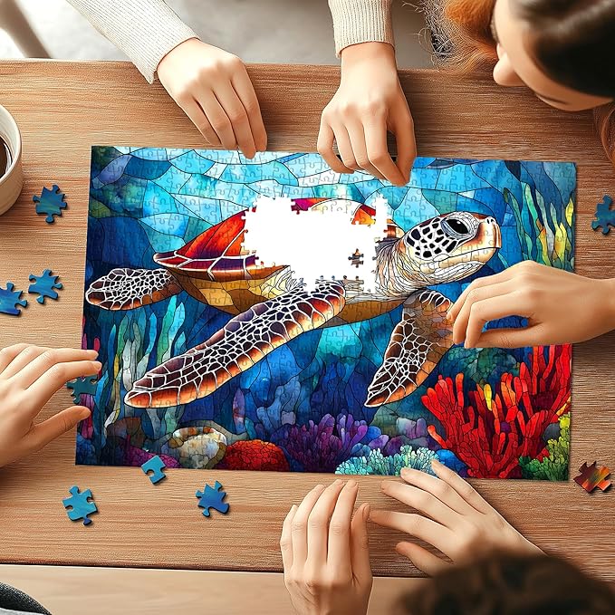 Sea Turtle Stained Glass Jigsaw Puzzle for Adults, 500 Piece Ocean Scene Puzzle, Relaxing Activity & Home Decor, Ideal for Marine Life Enthusiasts, Turtle Lovers