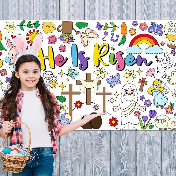 Easter He is Risen Giant Coloring Poster for Kids Huge Religious Theme Blank Paper Banner Large Coloring Table Cover for Classroom Home Party DIY Art Craft Activity Supplies Favor 55 x 23.6 in