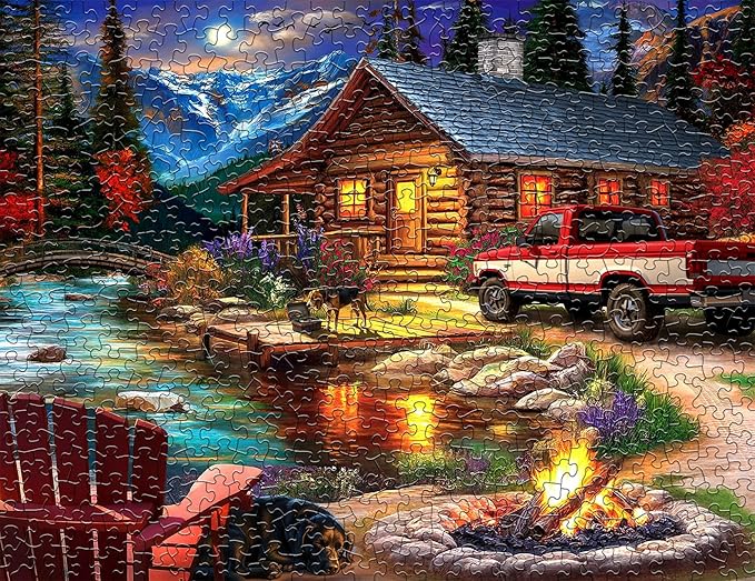 Springbok Cabin on the Creek 500 Piece Jigsaw Puzzle for Adults - Poster Now Included - Moonlit Outdoor Puzzle - Unique Cut Pieces - Made in USA
