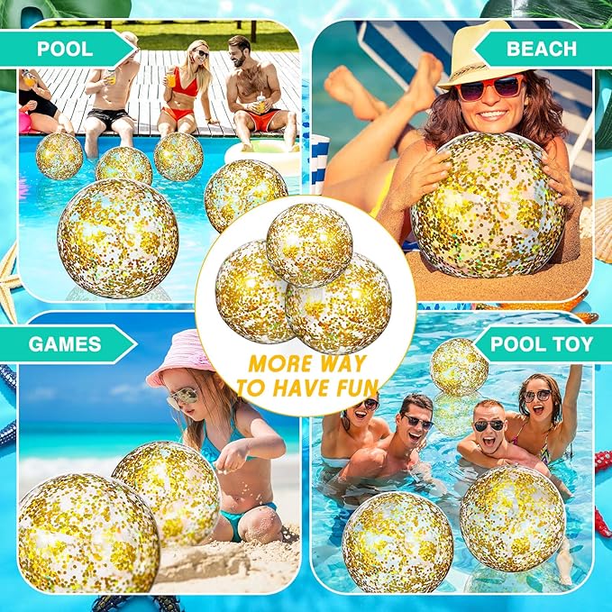 Lewtemi 12 Pcs Inflatable Glitter Beach Balls 16 Inch 24 Inch Shiny Giant Confetti Balls Swimming Pool Beach Blow up Balloon for Outdoor Summer Party Wedding Decor(Gold)
