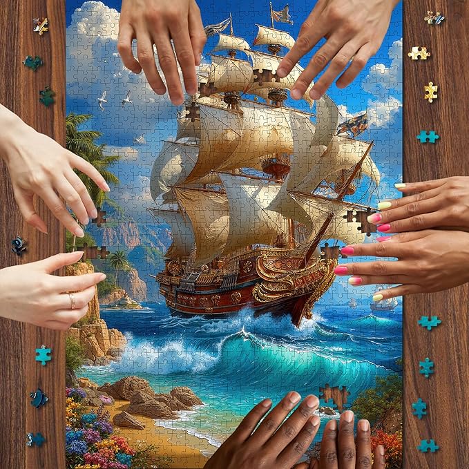 Golden Galleon Sailing Ship Jigsaw Puzzle for Adults 1000 Pieces - Tropical Island Coast Adventure Scene, 28”x20” Panoramic, Lettered Back, Premium Nautical Home Decor & Pirate Gift