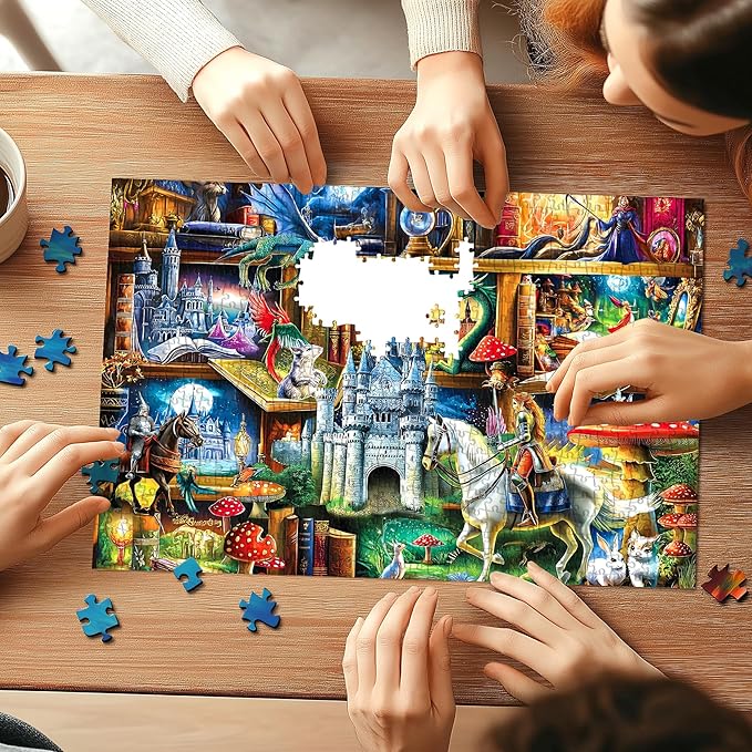 1000 Piece Fantasy Castle Bookshelf Jigsaw Puzzle for Adults, Dragons and Knights Theme, Fairy Tales Magical Castles Scene, Challenging Puzzle & Artwork