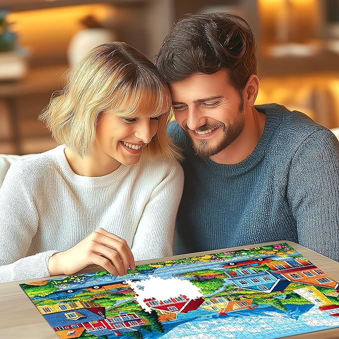 1000 Piece Jigsaw Puzzle for Adults, Coastal Village Scene with Lighthouse and Mountain View, Stress Relief & Family Bonding Game, 27.56x19.69 Inches Home Decor