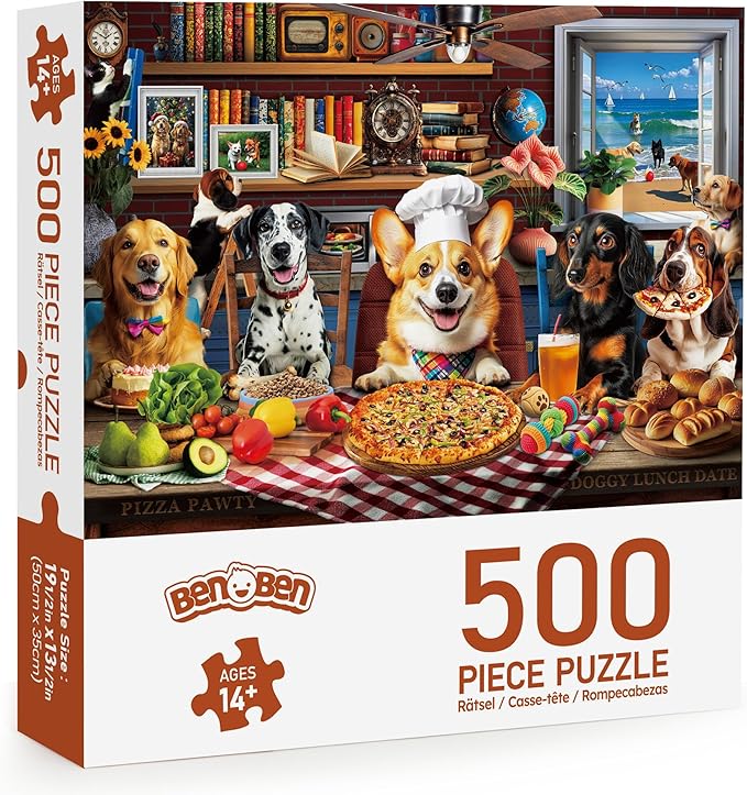 BenBen Puzzles for Adults 500 Pieces, Dogs' Dinner Party, Dog Jigsaw Puzzle with Patterns on Back, Funny Animal Puzzle, Challenging Puzzles for Family Game Night, Home Décor