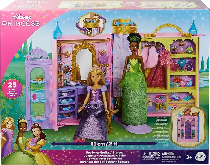 Mattel Disney Princess Toys, Ready for The Ball Closet Playset Opens to 2 Feet Wide & Includes 2 Fashions, 25 Accessories, Storage & More