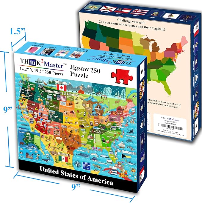 Think2Master United States Map 250 Pieces Jigsaw Puzzle. Great Gift for Adults & Seniors. Easier to Handle Larger Pieces. Size: 14.2” X 19.3”