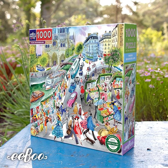 eeBoo 1000 Piece Puzzle - Paris Bookseller Jigsaw Puzzle for Adults, Square 23" x 23" Made with Recycled Board & Vegetable-Based Ink