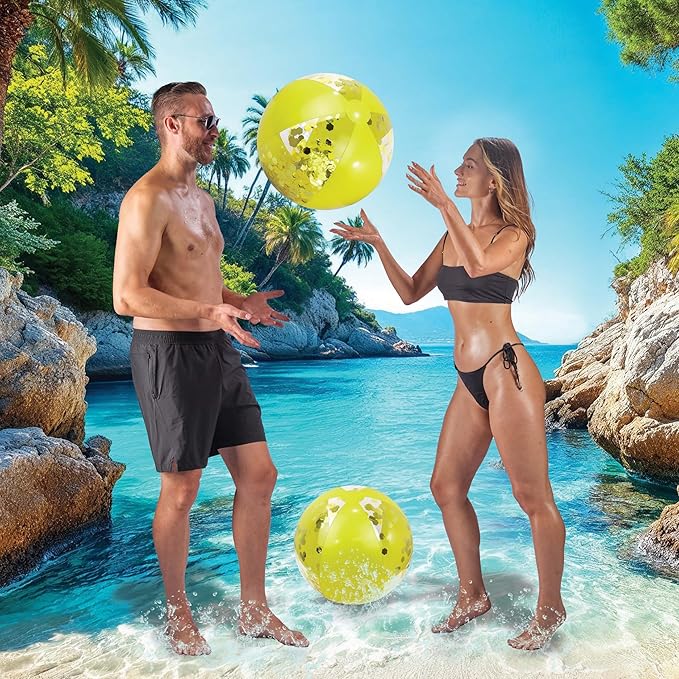 POZA Inflatable Beach Balls - Elegant Glitter Confetti Premium Floaters, Heavy Duty Vinyl Floatation Pool Toys for Pool Beach Party, UV Resistant Pool Décor