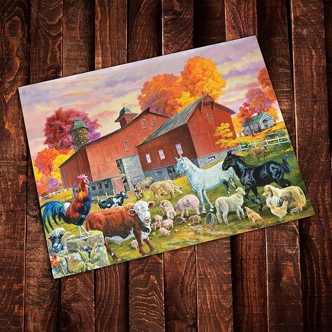 Crown Point Graphics Barn Yard Gathering 500 Piece Puzzle by Joseph Burgess, Soft Touch Farm Animal Country Scene Puzzles, Poster Included