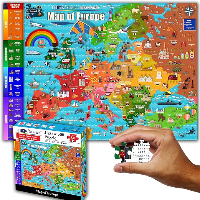 Think2Master Colorful Map of Europe 500 Pieces Jigsaw Puzzle with Very Large Pieces for 13+, Adults & Seniors. Great Gift for Interest in The European Map. Size: 26.8” X 18.9”