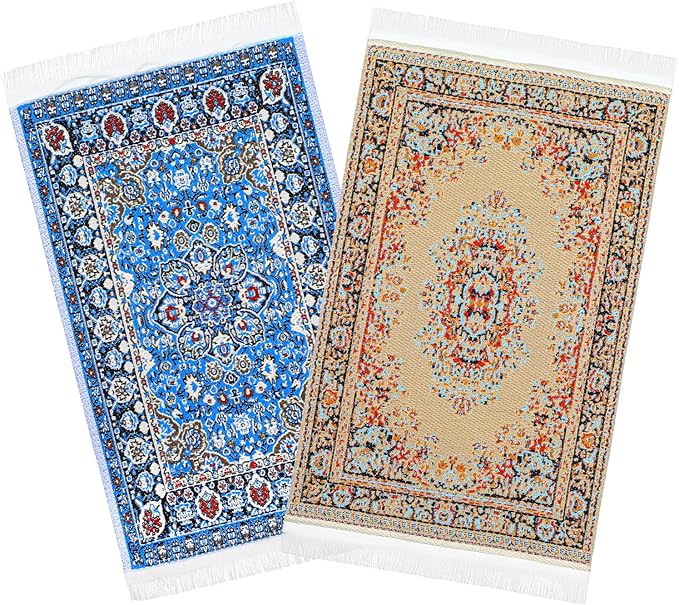 Dollhouse Rug 2 PCS Miniature Dollhouse Accessories 1:12 Scale Vintage Doll House Rugs Woven Mini Rug for Dollhouses Furniture Blue & Yellow Floral Print Carpet for Doll House Floor Decor