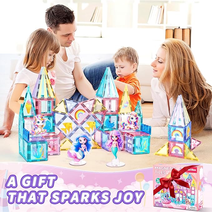 Magnetic Tiles Unicorn Building Toys Set with 4 Dolls, Princess Magnetic Blocks for Kids Ages 3-5 4-8, STEM Educational Sensory Magnet Toys Birthday Gifts for Toddlers Girls Boys