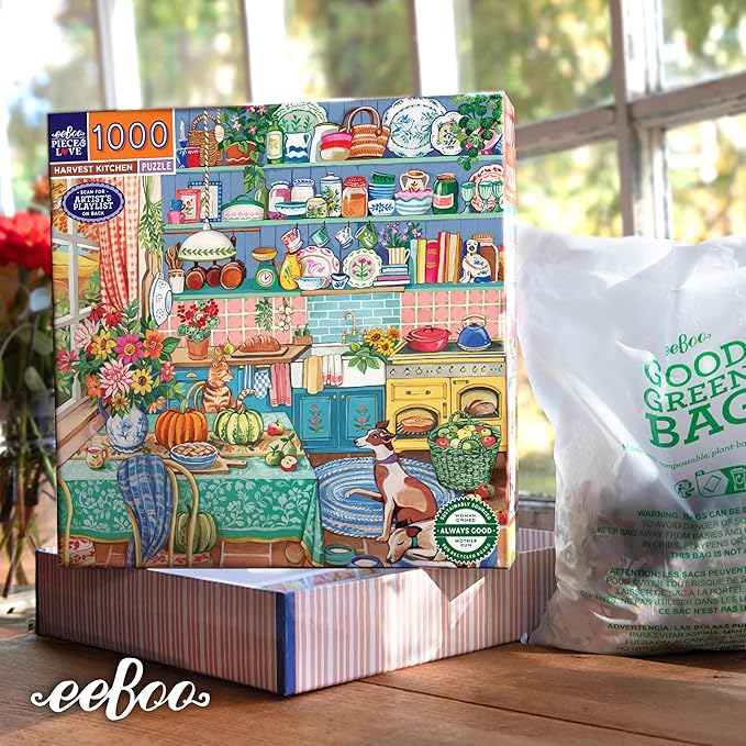 eeBoo 1000 Piece Puzzle - Harvest Kitchen Jigsaw Puzzle for Adults, Square 23" x 23" Made with Recycled Board & Vegetable-Based Ink
