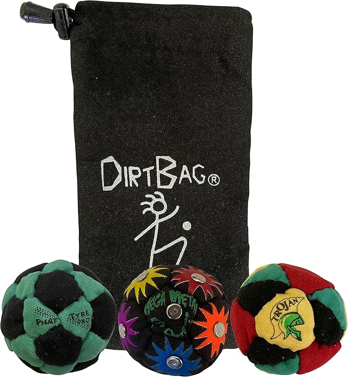 DIRTBAG Lover Footbag 3-Pack with Pouch, Includes Three Original and Unique Premium Quality Hand Sewn Footbags and Carry Pouch.