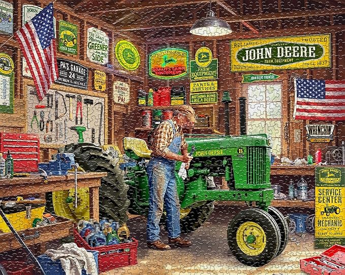 Springbok Grandpa's Garage 1000 Piece Jigsaw Puzzle for Adults - John Deere Tractor - Unique Cut Pieces - Made in USA