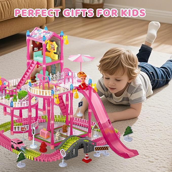 Doll House with Lights&Track Car Toy Set,Princess Dollhouse for Girls, 3 Dolls, Pets, Car, Furniture and Accessories, Design and Build Gift for 3 4 5 6 7 8+ Year Old Girls