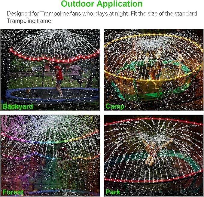 2Pcs Outdoor Trampoline Set, 12Ft LED Trampoline Light and Trampoline Sprinkler, Outdoor Trampoline Backyard Water Park, 16Color Change,Waterproof, Bright to Play at Night Outdoors, Good Gift for Kids