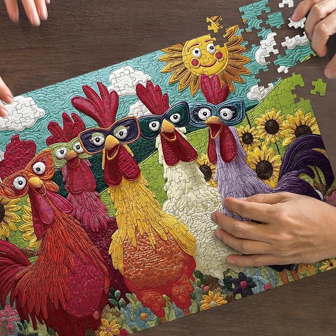 Puzzles for Adults 500 Pieces, Colorful Rooster Puzzle Jigsaw Puzzles 500 Pieces - Merry Chickens, Chicken Decor Impossible Puzzle, Finished Size 20.47 * 14.96”, with 1:1 Poster, Letter on The Back