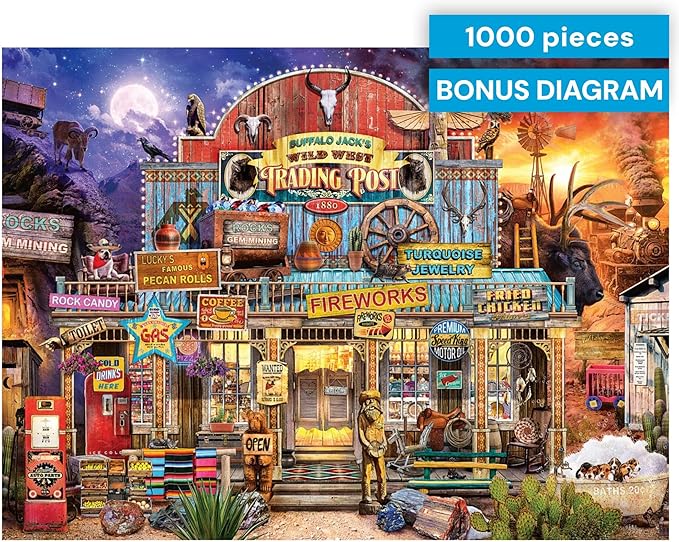 Buffalo Games - 1000 Piece Jigsaw Puzzle Jeff Haynie Wild West Trading Post, Made in USA, Premium Recycled Board, Reference Diagram, Giftable Colorful Art