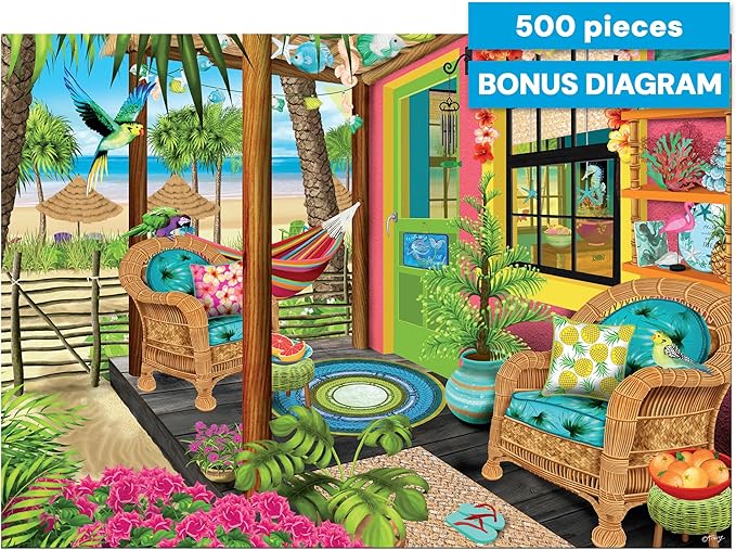 Ceaco – Tropical Paradise – Tracy Flickinger – 500 Piece Jigsaw Puzzle for Adults – Colorful Coastal Porch Scene with Bonus Poster