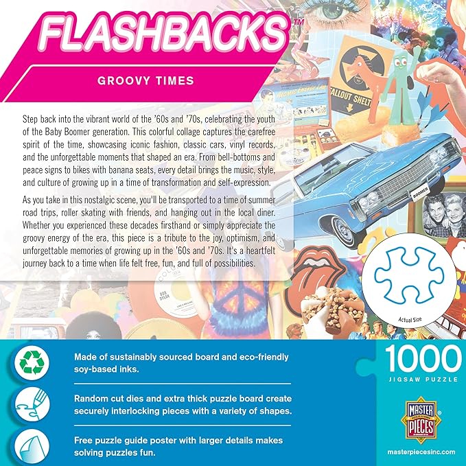 MasterPieces Vintage 1000 Piece Jigsaw Puzzle for Adults - Groovy Times - Retro 60s & 70s Collage - 19.25"x26.75"