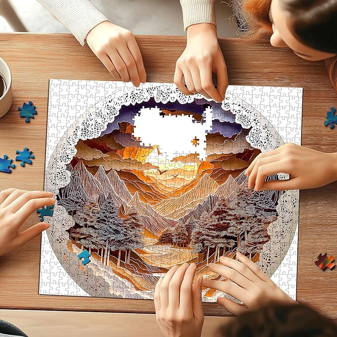 Mountain Sunset Landscape 500 Piece Jigsaw Puzzles for Adults Layered Paper Art Forest River Nature Scene Puzzle with Letters on Back Fun Seniors Wall Art Family Puzzle(20"X20")