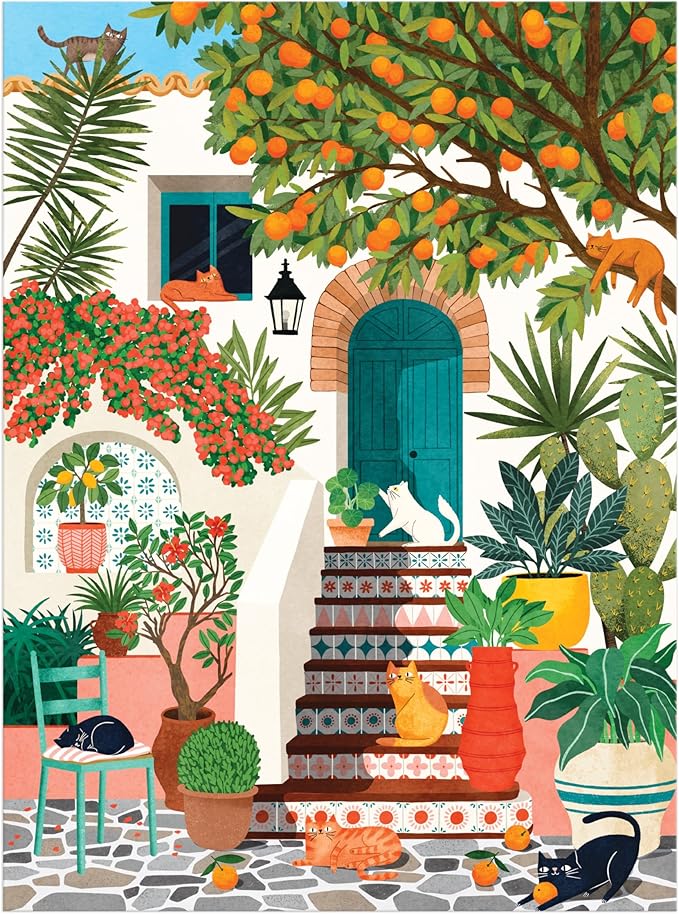 Galison Mediterranean Cats – 1000 Piece Jigsaw Puzzle Featuring Beautiful Artwork of A Citrus Inspired Stoop with Cats