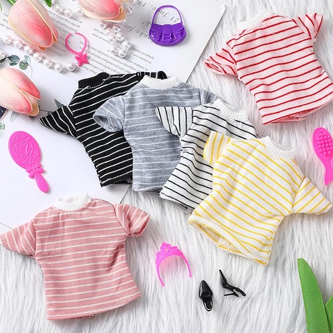 Bencailor 6 Pcs Doll Clothes for 11.8 Inch Doll Clothing Outfit Accessories Winter Coat Tops Swimwear T Shirt Dress Outfit Birthday Gift(Striped Style,Warm Color)