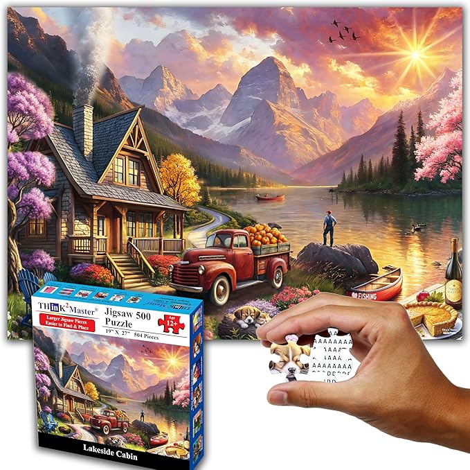 Think2Master Lakeside Mountain Retreat 500 Pieces Large Format Jigsaw Puzzle: 13+, Teens, Adults & Families. Escape to a World of Tranquility and Rustic Charm. Great Gift. Size: 26.8” X 18.9”