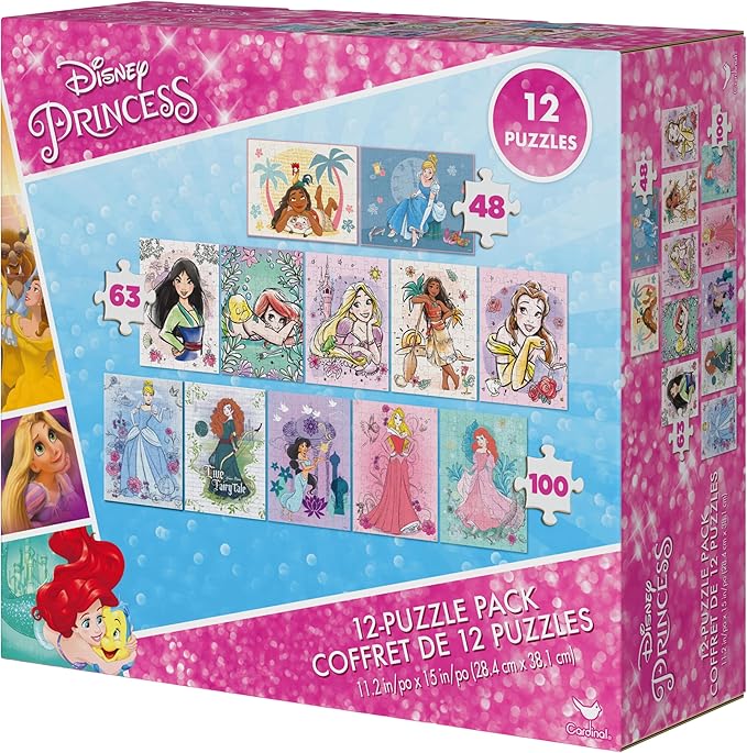 Spin Master Games, Disney Princess 12-Puzzle Bundle - Moana, Ariel, Mulan, Cinderella & More, with 48-Piece, 63-Piece, & 100-Piece Disney Puzzles for Kids, for Ages 4 & Up