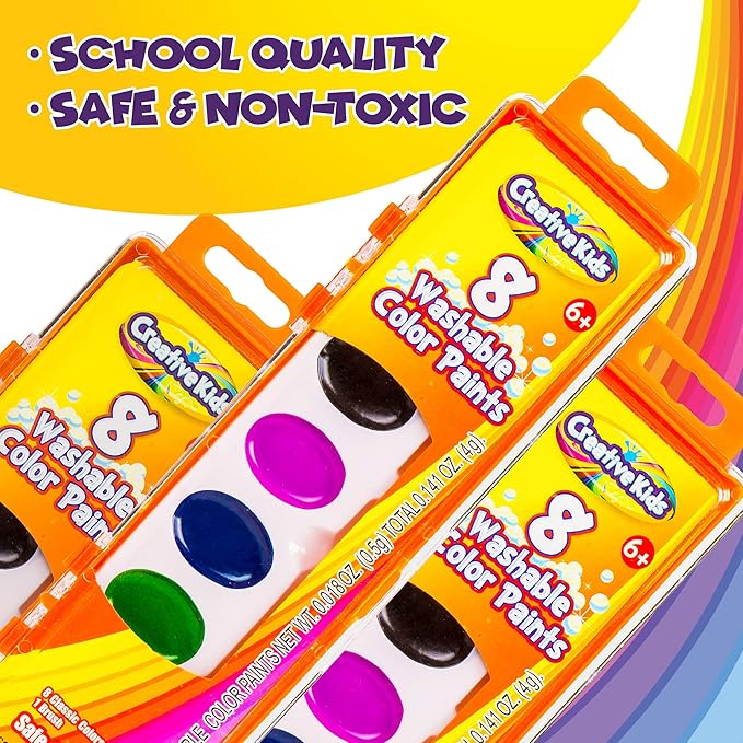Creative Kids Bulk Washable Watercolor Paint Set - 40 Pack w/ 8 Assorted Water Color Paints & Wooden Brush - Classroom Art Supplies