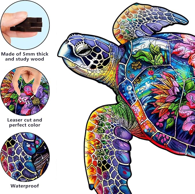 Wooden Puzzles for Adults, About 150 Pieces Unique Puzzles for Adults, Irregular Animal Shaped Wooden Jigsaw Puzzles, Creative Gift,11.1 x 5.5 inch, Turtle